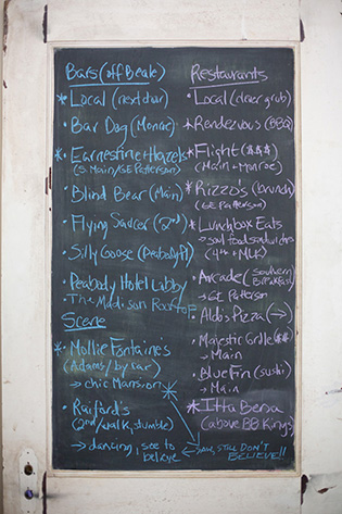 John converted an old door he found on the street into a chalk board, on which he has a running list of his favorite restaurants, bars and other hangouts.