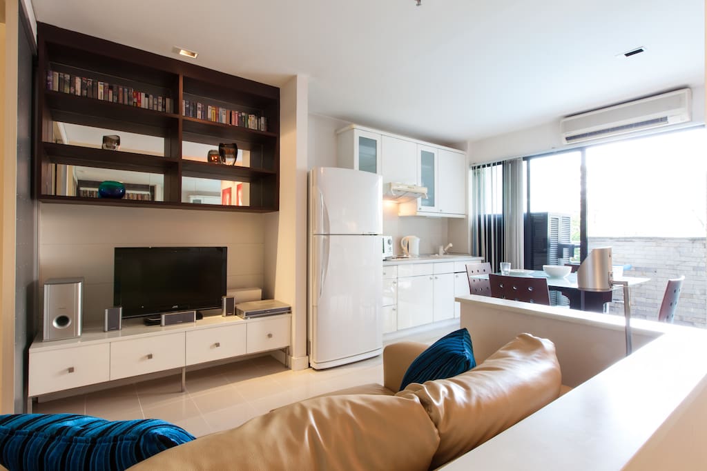 Spacious living room with a balcony and a view
