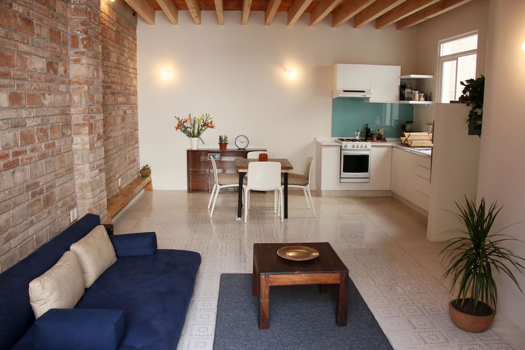 Main Space - Overall view (old layout - now with 2 sofas and futon in studio area)