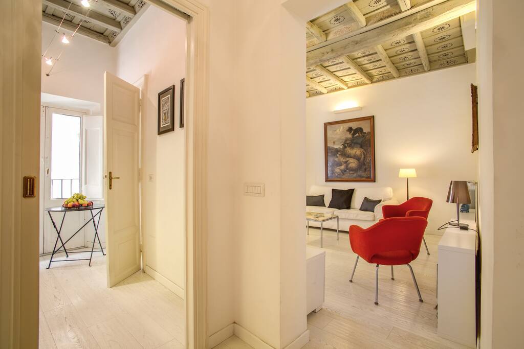 View from the front door, kitchen on the left and lounge room on the right.