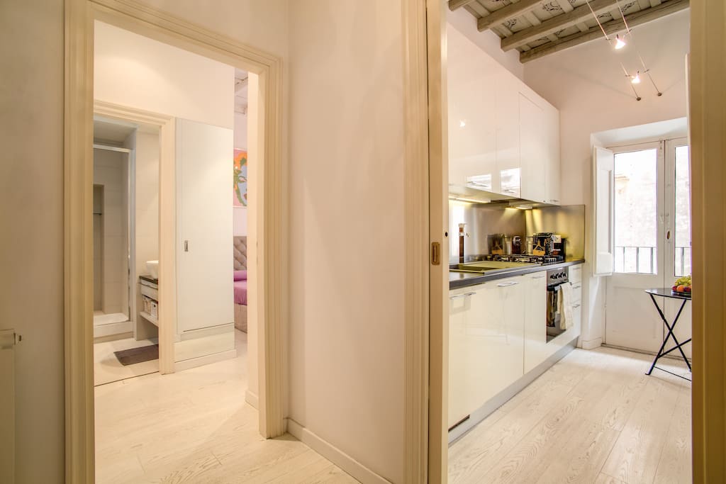 View from the front door with bedroom and bathroom on the right and kitchen on the left.