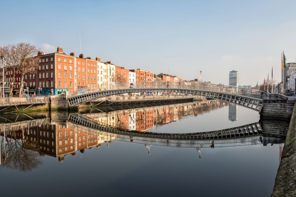The happenny Bridge and the apartment building to the left. My apartment is second floor above the Turquise building with 2 windows overlooking the trees and 3 windows overlooking the River Liffey and Bridge