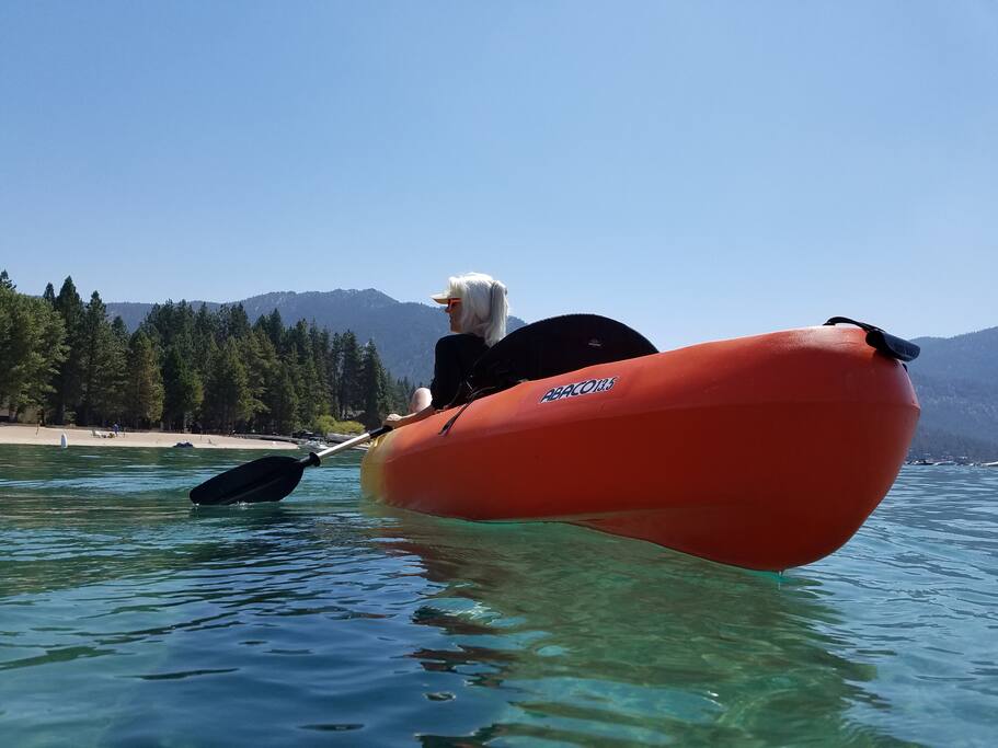 your 2-person kayak is stored right at the private beach (you have a pass to)
